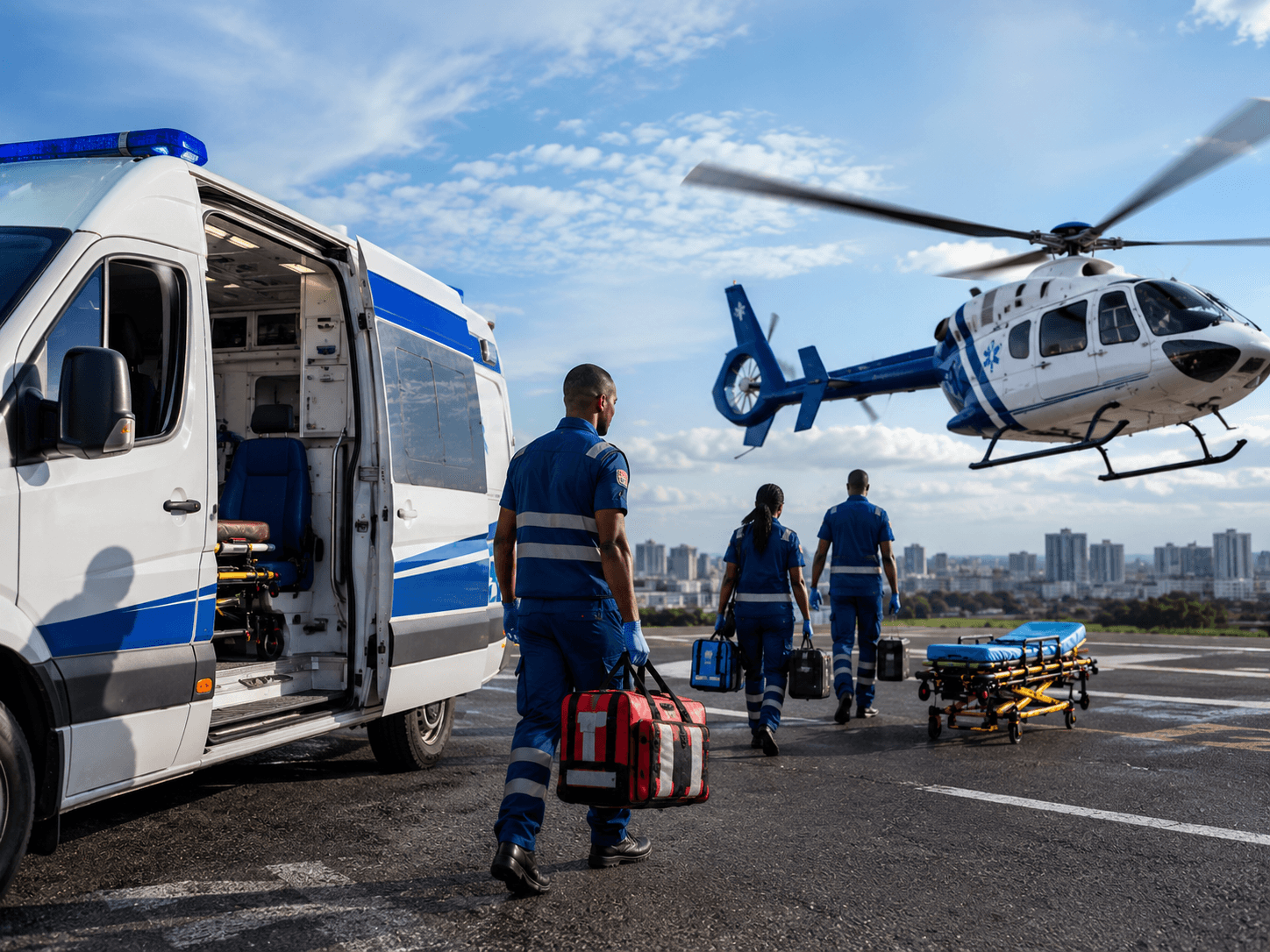 Ambulance crew assisting a patient during a medical transport